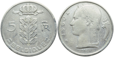 БЕЛЬГИЯ 5 ФРАНКОВ 1950 BELGIQUE KM 134.1 медно-никель 3999-751
