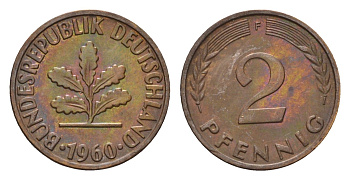 ФРГ 2 пфеннига 1960 F KM 106, J. 381 бронза 4547-1038