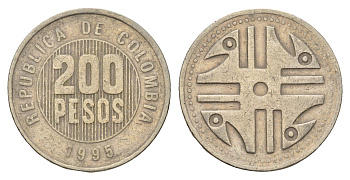 Колумбия 200 песо 1995 KM 287 медь цинк никель 4143-631