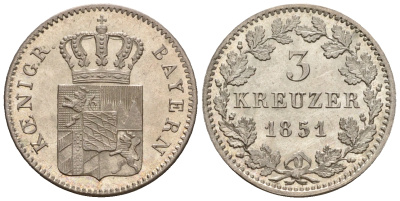 Бавария 3 крейцера 1851 Максимилиан II (1848-1864) KM 800, Jaeger 59, AKS 154 серебро UNC 413-5745