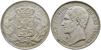 Бельгия 5 франков 1865 Леопольд I (1831-1865) KM 17 серебро 1067-1-26