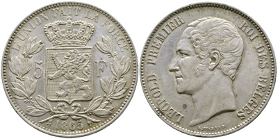 Бельгия 5 франков 1865 Леопольд I (1831-1865) KM 17 серебро 1067-1-26