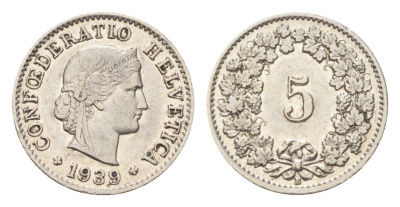 Швейцария 5 раппенов 1939 B KM 26b никель 4705-1233