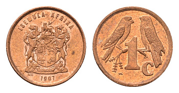 ЮАР 1 цент 1997 герб, капские воробьи KM 170 сталь плакированная медью UNC 4694-222