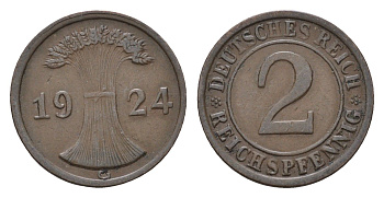 Германия 2 рейхспфеннига 1924 G KM 38, J. 314 бронза 4685-427
