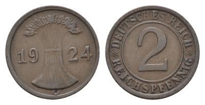 Германия 2 рейхспфеннига 1924 G KM 38, J. 314 бронза 4685-427