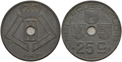 Бельгия 25 сантимов 1942 Belgique - Belgie, Леопольд III (1934-1947), германская оккупация, Вторая мировая война KM 131 цинк 4157-435