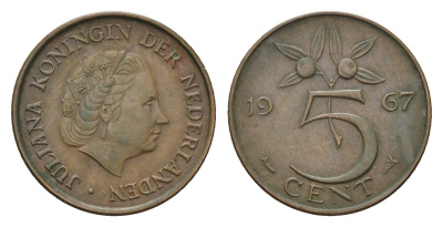 Нидерланды 5 центов 1967 Юлиана (1948-1980) KM 181 бронза 4685-1136