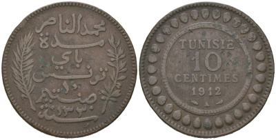 Тунис 10 сантимов 1912 KM 236 бронза 98-441