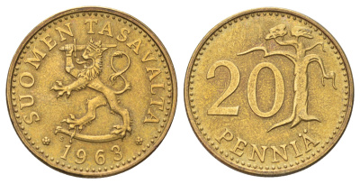 Финляндия 20 пенни 1963 KM 47 алюминиевая бронза 4668-854
