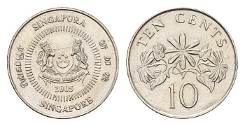 Сингапур 10 центов 2005 KM 100 медно-никель UNC 4684-644