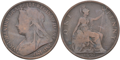 Великобритания 1 пенни 1897 Виктория (1837-1901) KM 790, Spink 3961 бронза 4590-1114
