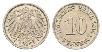 Германия 10 пфеннигов 1914 A KM 12, J. 13 медно-никель aUNC 4606-221