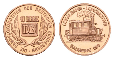 ФРГ медаль из серии 40 лет Bundesbahn (Бундесбан) - Lokalbahn-Lokomotive (Baureihe 099) 1989 государственные железные дороги, диаметр 18 мм, вес 2,3 гр алюминий плакированный медью UNC 4685-726