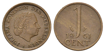 Нидерланды 1 цент 1961 Юлиана (1948-1980) KM 180 бронза 4174-863