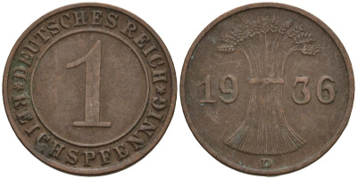 Германия 1 рейхспфенниг 1936 D KM 37, J. 313 бронза 4549-833