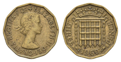 Великобритания 3 пенса 1960 Елизавета II (1952-2022) KM 900, Spink 4153 никель латунь 4699-436