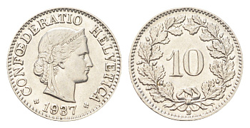 Швейцария 10 раппенов 1937 B KM 27b никель 4708-152