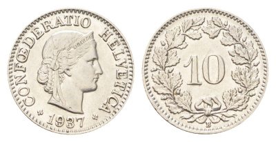 Швейцария 10 раппенов 1937 B KM 27b никель 4708-152