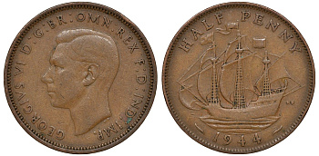 Великобритания 1/2 пенни 1944 Георг VI (1936-1952) KM 844, Spink 4115 бронза 4163-553