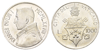 Ватикан 1000 лир 1978 папа Иоанн Павел I, год-тип KM 142 серебро UNC 5010-412