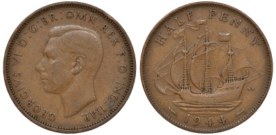 Великобритания 1/2 пенни 1944 Георг VI (1936-1952) KM 844, Spink 4115 бронза 4163-553