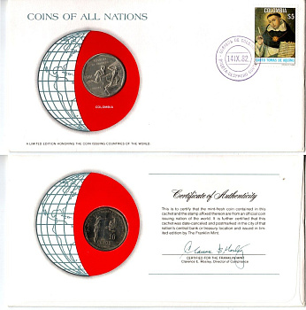 Колумбия 10 песо 1981 конверт с маркой первого дня гашения, Coins of Nations KM 270 медь цинк никель UNC 9-1-01-90