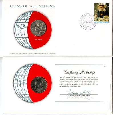 Колумбия 10 песо 1981 конверт с маркой первого дня гашения, Coins of Nations KM 270 медь цинк никель UNC 9-1-01-90