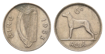 Ирландия 6 пенсов 1953 собака, ирландский волкодав KM 13a медно-никель 4690-333