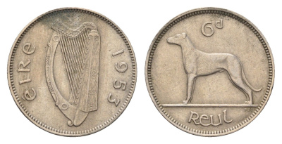 Ирландия 6 пенсов 1953 собака, ирландский волкодав KM 13a медно-никель 4690-333