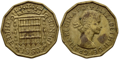 Великобритания 3 пенса 1960 Елизавета II (1952-2022) KM 900, Spink 4153 никель латунь 4393-351