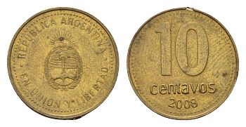 Аргентина 10 сентаво 2008 KM 107a сталь плакированная латунью 4679-816