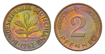 ФРГ 2 пфеннига 1963 G KM 106, J. 381 бронза 4682-1069