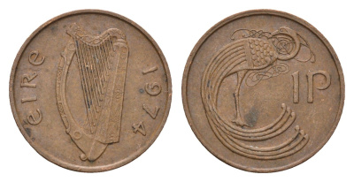Ирландия 1 пенни 1974 мифологическая птица лира KM 20 бронза 4690-354