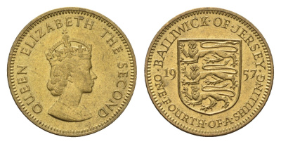Джерси 1/4 шиллинга 1957 Елизавета II (1952-2022) KM 22 никель латунь aUNC 4687-745