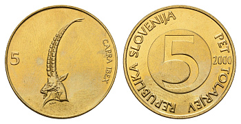Словения 5 толаров 2000 KM 6 латунь UNC 4402-544