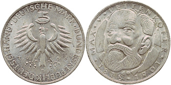 ФРГ 5 марок 1968 D, 150 лет со дня рождения Макса фон Петтенкофера J. 398, KM 123.1 серебро aUNC 1529-212