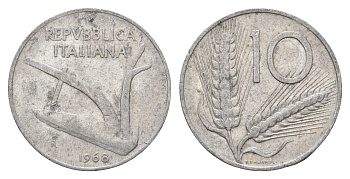 Италия 10 лир 1968 R, плуг, колосья KM 93 алюминий 4631-356