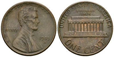 США 1 цент 1985 D, Линкольн KM 201b цинк плакированный медью 4136-257