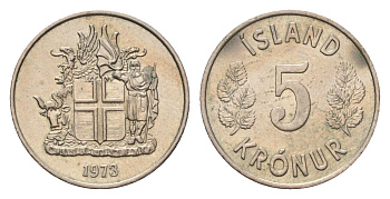 Исландия 5 крон 1973 KM 18 медно-никель UNC 4687-867