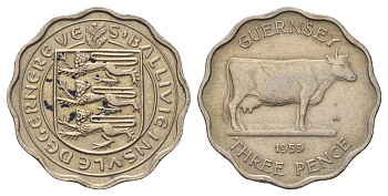 Гернси 3 пенса 1959 Генсийская Корова KM 18 медно-никель 4666-555