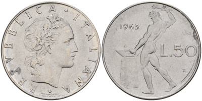 Италия 50 лир 1963 R, кузнец KM 95.1 сталь    4153-114