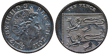 Великобритания 10 пенсов 2011 Елизавета II (1952-2022) KM 1110d, Spink 4651 (F7) медно-никель UNC 4122-515
