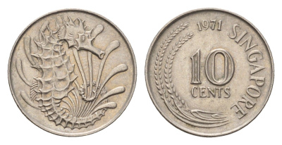 Сингапур 10 центов 1971 морской конек KM 3 медно-никель 4549-1044
