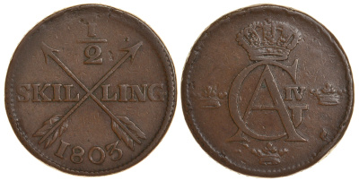 Швеция 1/2 скиллинга 1803 Густав IV Адольф (1792-1809) KM 565 медь 4680-336