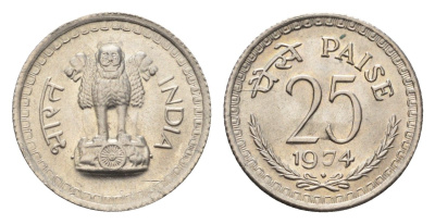 Индия 25 пайс 1974 KM 49.4 медно-никель UNC 4697-829