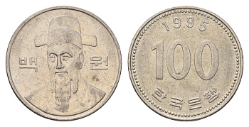 Южная Корея 100 вон 1995 Ли-Сунсин, корейский флотоводец KM 35 медно-никель 4638-1114