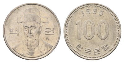 Южная Корея 100 вон 1995 Ли-Сунсин, корейский флотоводец KM 35 медно-никель 4638-1114