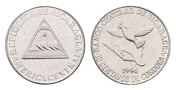 Никарагуа 10 сентаво 1994 голубь мира, редкий KM 81 хромированная сталь UNC 51-5213