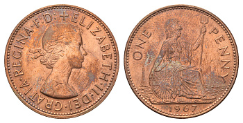 Великобритания 1 пенни 1967 Елизавета II (1952-2022) KM 897, Spink 4157 бронза UNC 4692-731